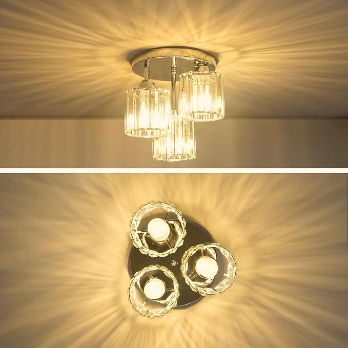 Lxybcce Crystal Ceiling Light Fixture, Chrome Semi Flush Mount Ceiling Light Fixture, 3-Light Hallway Lighting with Clear Crystal Shades for Kitchen Entryway Bedroom Bathroom Foyer, E26