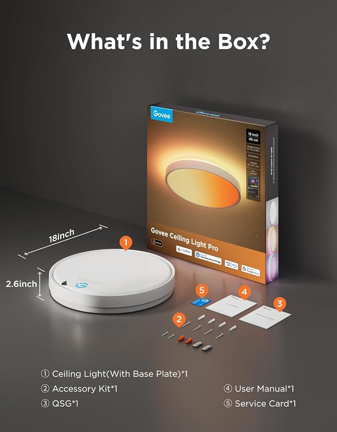 Govee Smart Ceiling Light Pro, RGBIC 4800LM 2700K-6500K 18 Inch 1 Pack | RGBIC LED Ceiling Light Fixture, 4800LM DIY Colors, Works with Matter Alexa, 2700K-6500K Lights for Living Room, Bedroom