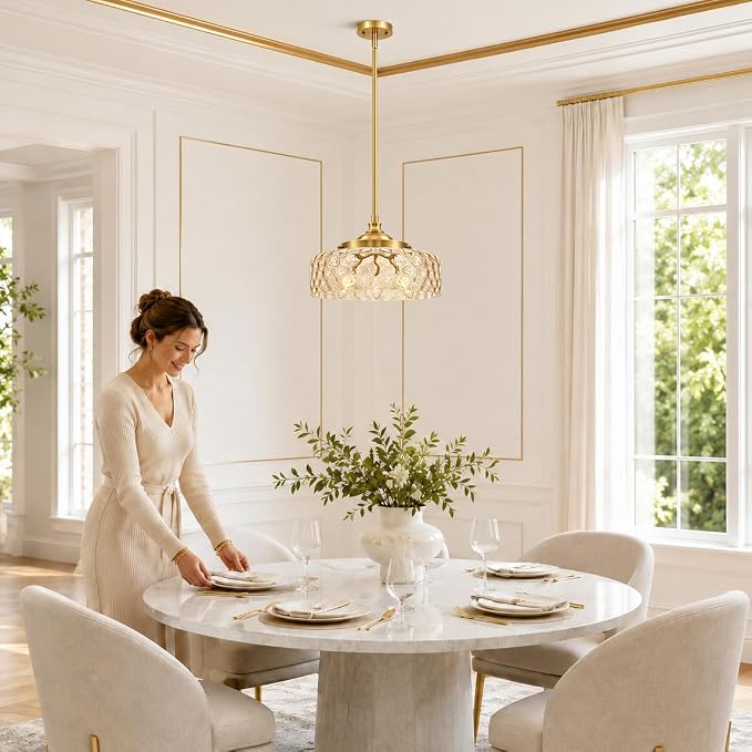 Gold 3-light Pendant Lights Kitchen Island with Hammered Glass over Sink | Height adjustable hanging light fixture kitchen, 90-degree swivel, 2-in-1 ceiling light and pendant light, E12 base,3 light
