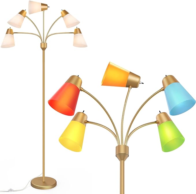 FOLKSMATE LED Floor Lamp, Medusa Multi Head Modern Tall Standing Lamps, Adjustable Corner Reading Floor Light for Living Room, Bedroom, Kids Room, White and Colored Lampshades, Brass Gold