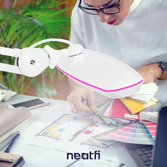 Neatfi XL 2,200 Lumens 24W LED Desk Lamp – 23” Wide Shade | Dimmable Eye-Caring Task Light | Adjustable Arm | Home Office, Study, Crafts & Nail Tech (Non-CCT with Clamp, White with Pink Ring)