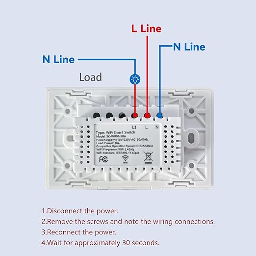 20A WiFi Smart Light Switch,1-Button Single Gang 2.4GHz Wi-Fi Touch Switch, Neutral Wire Required,Work with Smart Life/Tuya App and Alexa,White