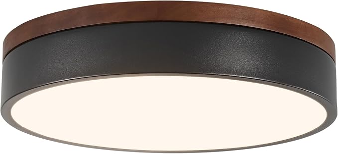 12" Minimalist Black and Walnut Wood LED Flush Mount Ceiling Light | Natural Wood Accent, Integrated LED, 5CCT Before Installation, Slim Low-Profile Design, Minimalist Modern Style, Compact Size