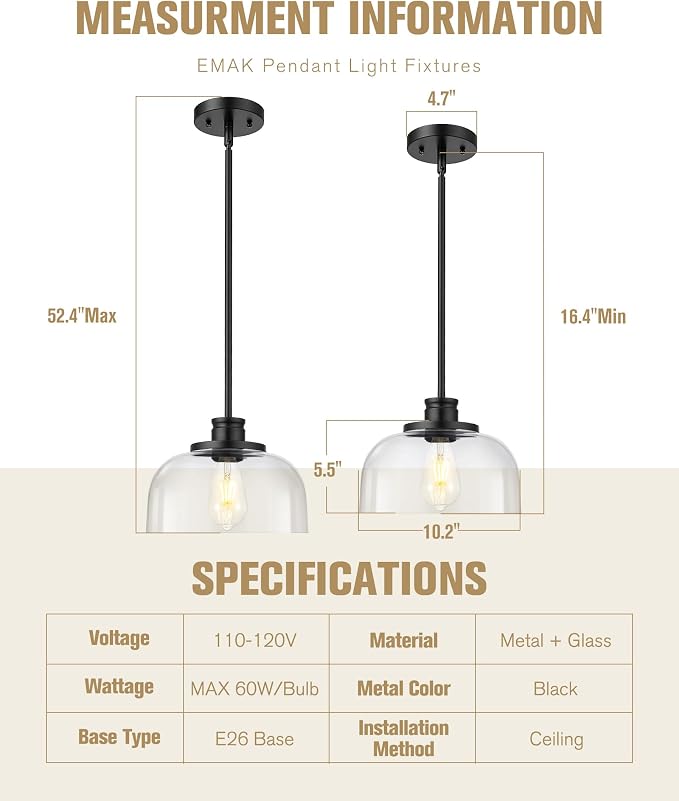 Emak Modern Pendant Lights Kitchen Island, Black Pendant Light with 10 Inch Clear Glass Shade, Farmhouse Hanging Light Fixture for Kitchen Island, Dining Room, Bathroom, Bar, PL131-BK-CG