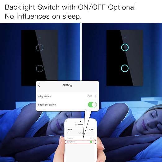 MOES Touch Wall Single Live Wire Smart Switch, No Neutral Wire Needed, 2.4GHz WiFi RF433 Light Switch Works with Smart Life/Tuya App, Alexa and Google Home, Single Pole Black 2 Gang Include Capacitor