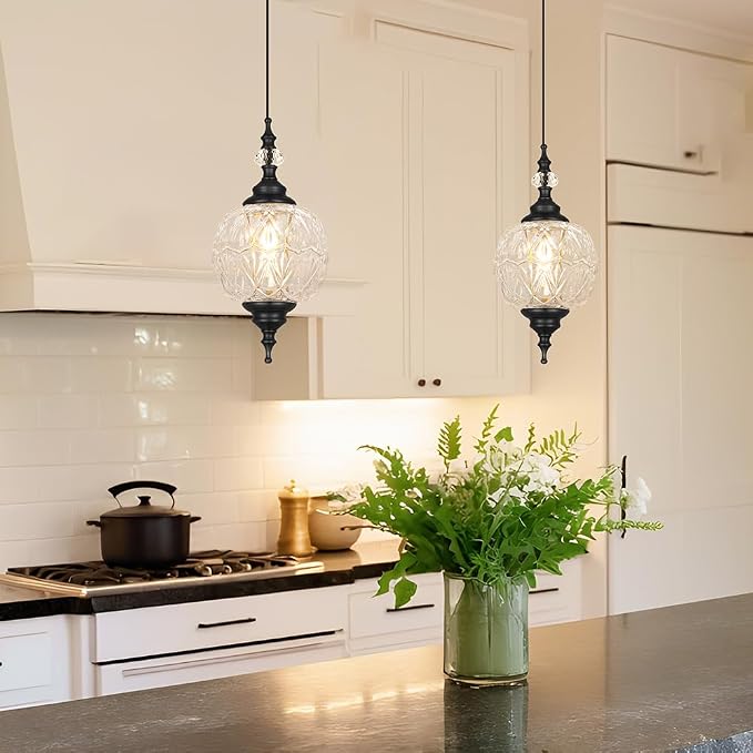 Pendant Lights Kitchen Island 2 Pack, Black Vintage Pendant Light with Detachable Glass Shade, Adjustable Hanging Light for Kitchen Island Lighting, Bathroom, Farmhouse, G9 Base (Bulbs Not Included)