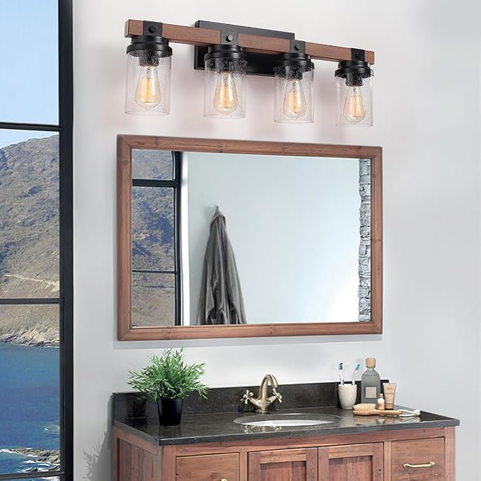 4-Light Farmhouse Vanity Lights Bathroom Lighting Fixtures Over Mirror | Faux Wood Rustic Wall Mount Light with Clear Seeded Glass Shade,Industrial Black Metal Wall Sconces for Bathroom Living Room