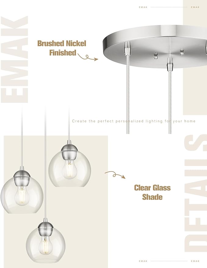Emak Brushed Nickel Pendant Light, 3-Light Pendant Lights Kitchen Island with Clear Glass Shade, Cluster Globe Hanging Light Fixture for Kitchen, Bedroom, Bathroom, Dining Room, PL119-BN-CL
