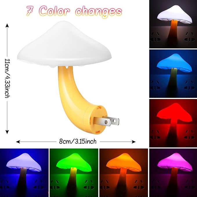 Mudder 8 Pack Mushroom Night Light Plug in 7 Color Changing LED Mushroom Nightlight Lamp Cute Light Sensor Wall Lamps for Adults Gifts