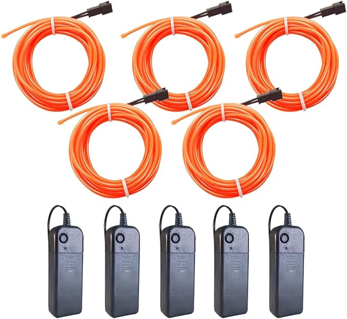 MaxLax EL Wire Orange 5-Pack, 9ft/2.75m Neon Light Wire with Noise Reduction and Battery Pack…