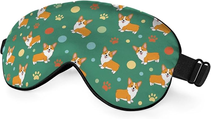 Funny Dog Sleep Mask Eye Mask Corgi Cute Puppies Cartoon Pet Animal Green Sleep Mask Light Blocking Adjustable Smooth Soft Eye Masks for Women Deep Rest Travel