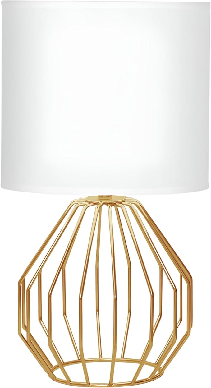 Gold Table Lamp, Small Bedside Nightstand Lamps with White Fabric Shade, Metal Base and ON/Off Switch Desk lamp, Modern Geometric Lamp for Bedrooms Living Room Office Foyer Kids Room
