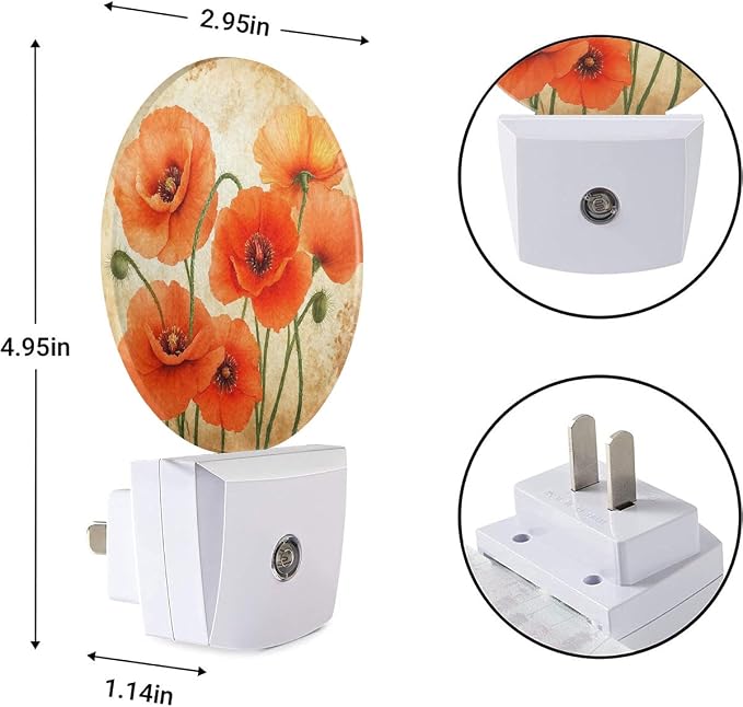 EKOBLA Poppy Flower Night Light, Vintage Red Orange Floral Night Lights Plug Into Wall with Dusk to Dawn Sensor for Hallway