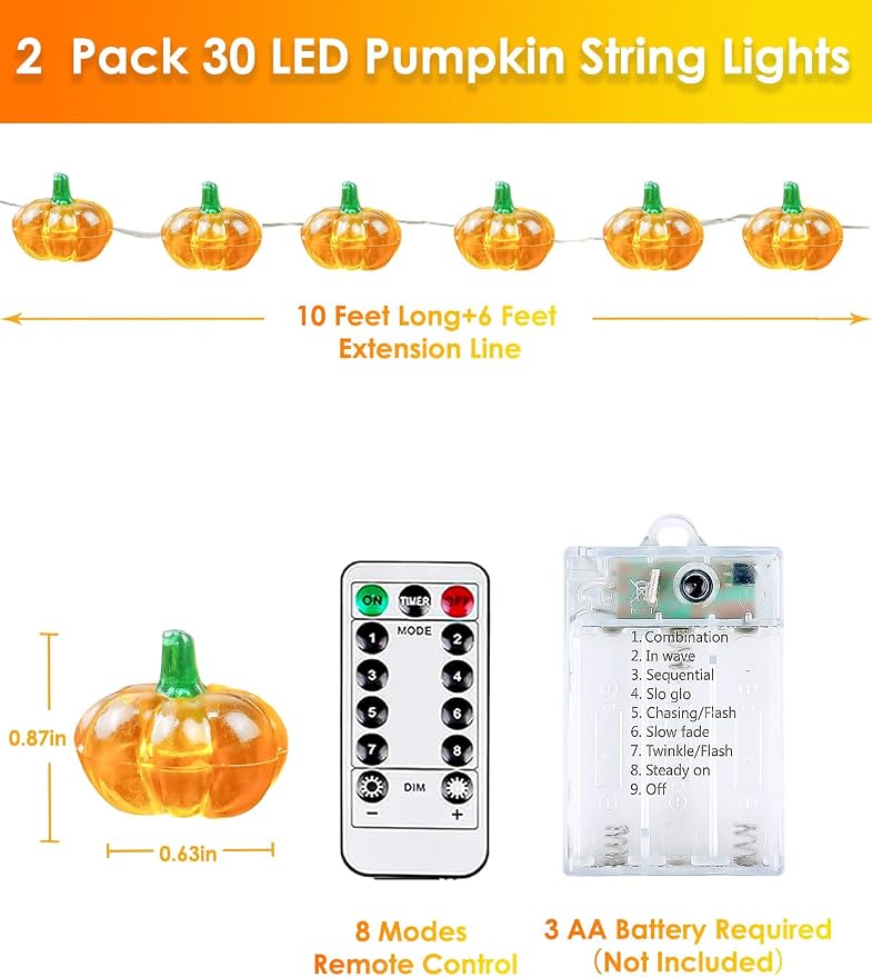 2 Pack 30LED Pumpkin Fall Decorations String Lights Battery Operated Remote | 20FT, 3D Pumpkin Fairy Twinkle Lights with Timer, 8 Modes, Waterproof Outdoor Autumn Harvest, Thanksgiving, Halloween Decor