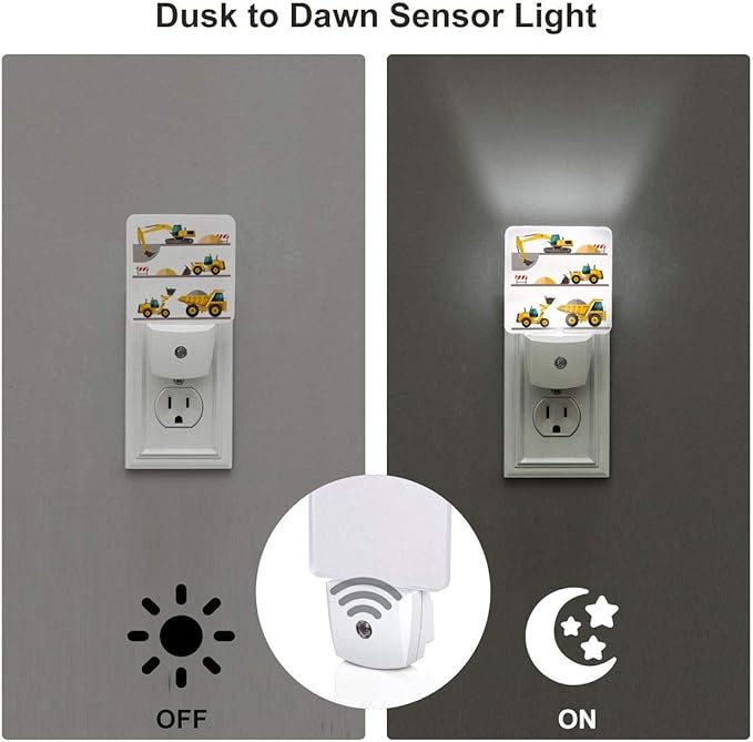 Aieefun Set of 2 Led Night Lights, Boy's Favorite Toy Cartoon Machinery Excavator Truck Auto Dusk-to-Dawn Sensor Night Lamp Plug-in Home Decorative for Adult
