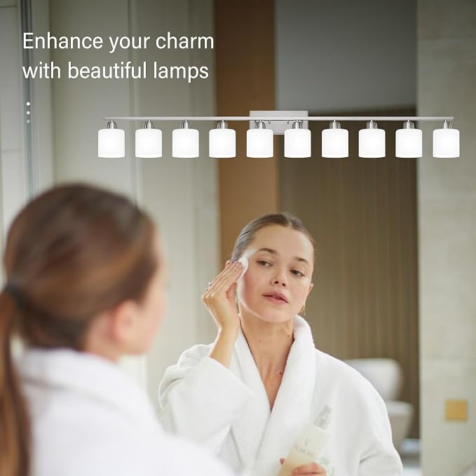 Brushed Nickel Bathroom Sink Lighting Fixtures for Giant Mirror, Anti-Rust Finish 65 inch 10 Light Bathroom Vanity Light Fixtures Modern with Milky White Frosted Glass