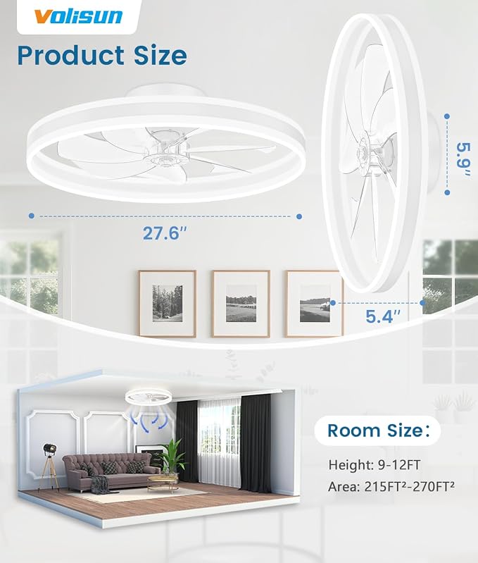 VOLISUN Low Profile Ceiling Fans with Lights and Remote, 27.6in Flush Mount Ceiling Fans with Light, 3000K-6500K Dimmable Fandelier LED Fan Light, White Bladeless Ceiling Fans with Lights for Bedroom