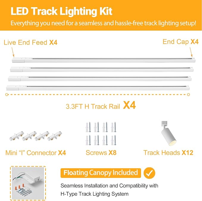 VANoopee 12-Light GU10 LED Track Lighting Kit, White (No Bulbs) | 13FT H Type Track Lighting Rail, Floating Canopy Connector, Modern Kitchen Track Lighting Fixtures Ceiling Spot Light