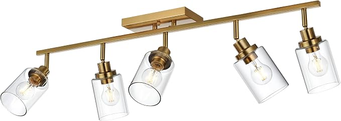 MELUCEE 5-Light Track Lighting Kit Brass with 5 Rotatable Light Heads | Semi Flush Mount Ceiling Light Fixture 37 Inch Modern Accent Lighting for Foyer Art Wall Kitchen, Clear Glass Shade
