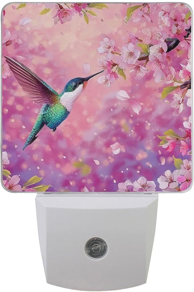 Hummingbird Pink Cherry Night Light Dusk to Dawn Sensor LED Night Dimmable Nightlight Lights Plug into Wall for Living Room