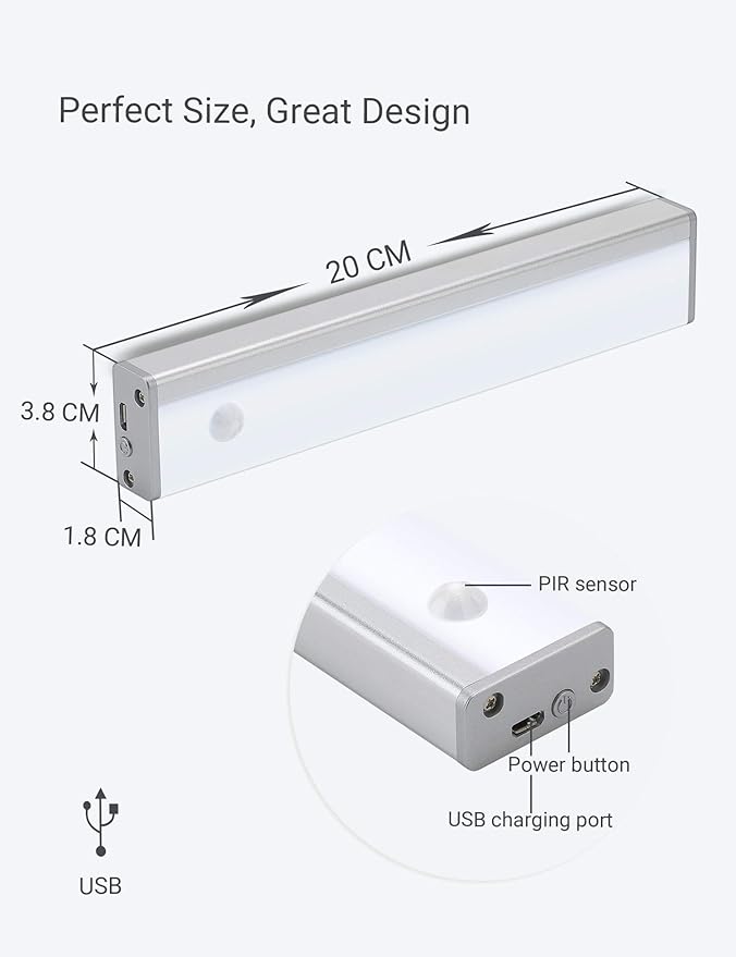 Joyzy 2 Pack Wireless Under Cabinet Lights Closet Lights Motion Sensor Pantry Light, Rechargeable Closet Lighting Battery Operated,USB Cordless Under Counter Light