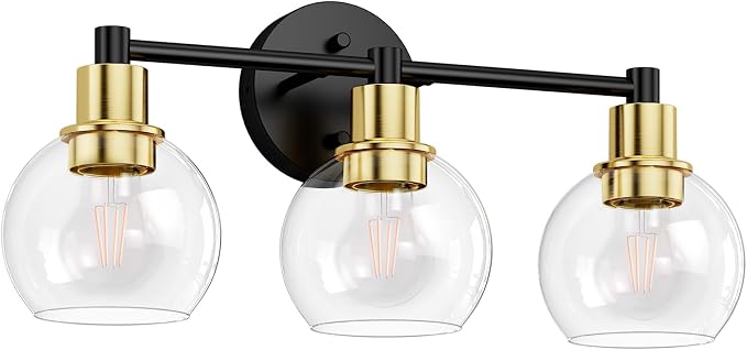 3 Light Bathroom Light Fixtures, Black and Gold Bathroom Vanity Lights, Modern Vanity Lights 3-Light Globe Bathroom Vanity Lighting Fixture Over Mirror