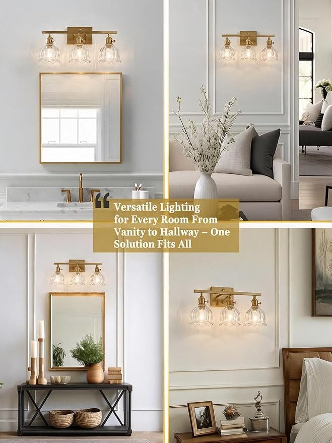 3-Light Vintage Bathroom Vanity Light, 19.4" Brass Hardwired Wall Sconce with Amber Tulip Glass Shades, Brushed Gold Vanity Light for Mirror, Restroom, Bedroom (Clear, 3-Light)