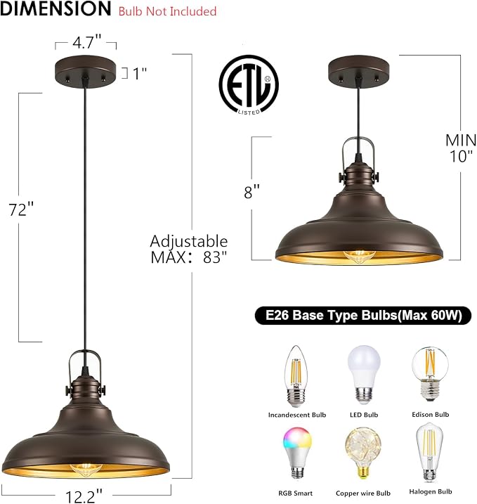 Oil Rubbed Bronze Pendant Light Modern Pendant Lights for Kitchen Island Hanging Lighting Fixture Over Sink for Dinning Room Bedroom Hallway,2 Packs