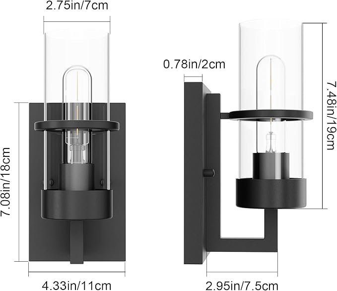 Tipace Black Hardwired Wall Sconces Set of 2,Modern Bathroom Vanity Sconces Wall Lighting with Clear Glass Shade,Farmhouse Wall Mount Lights for Mirror Bedroom Living Room Hallway Kitchen