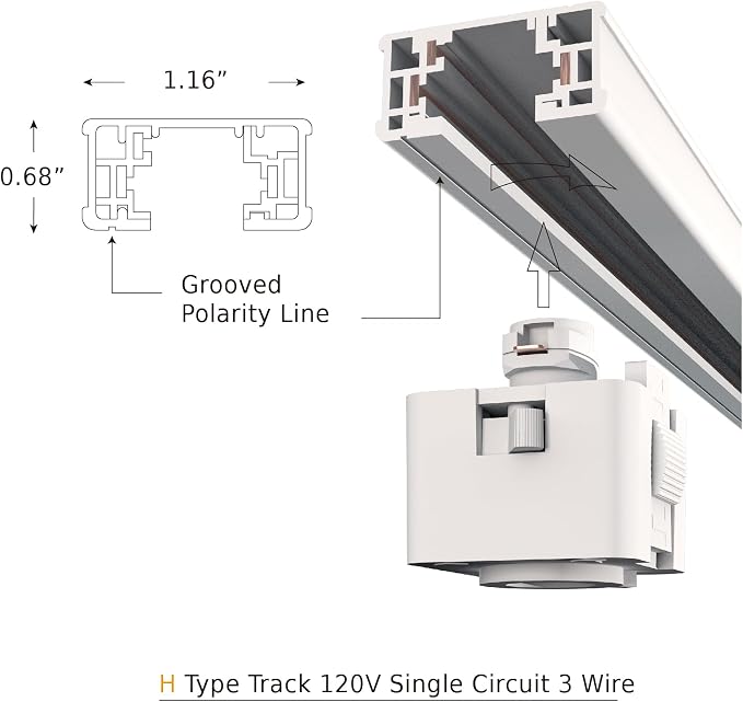 Lighting, H Track 4 feet Single Circuit,120V with 2 Endcaps in White, UL Listed