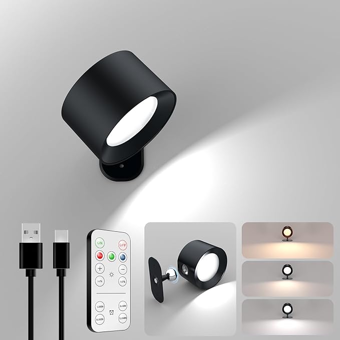 LED Wall Mounted Lights, Rechargeable Battery Operated Wall Sconces Lamp 3 Colors Temps & Remote and Touch, 360°Rotation Dimmable Wall Lights for Study Bedroom Reading Bedside (1 Pack)