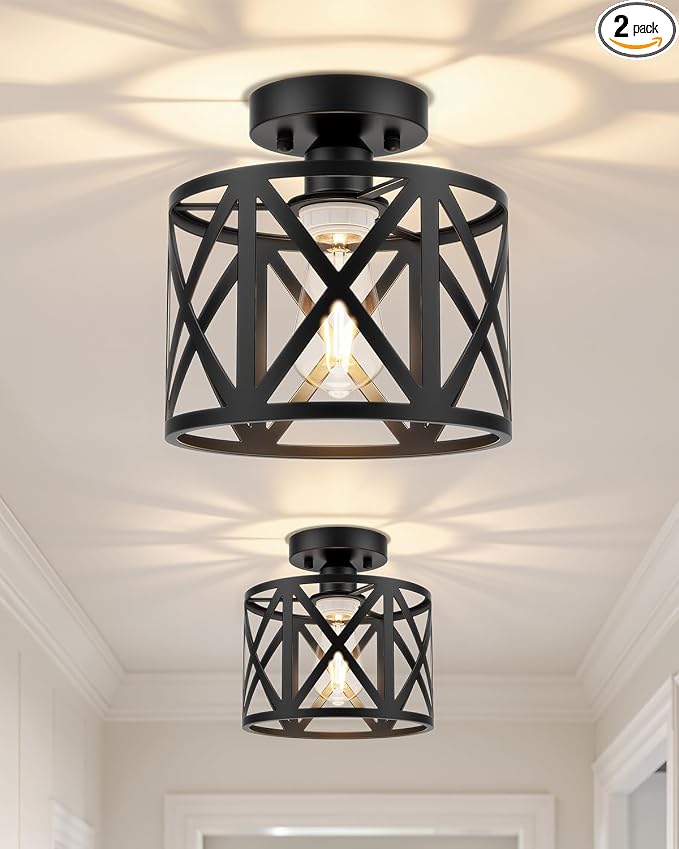 2Pack Farmhouse Semi Flush Mount Ceiling Light Fixture E26 | Black Metal Cage Industrial Suitable for Kitchen, Bedroom, Foyer, Entryway, Laundry Room, Hallway 8 Inch