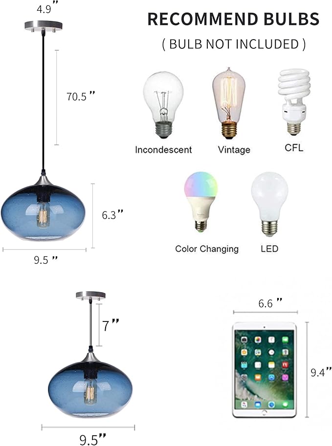 ARIAMOTION Pendant Lighting for Kitchen Island Blue Glass Modern Hanging Light Fixtures Seeded Bubble Over Sink 9.4 Inch Diam