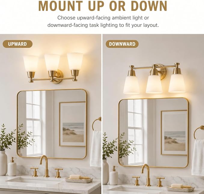 3-Light Bathroom Vanity Light, Gold Finish with Milk Glass Shades, Over Mirror, for Bathroom Vanity