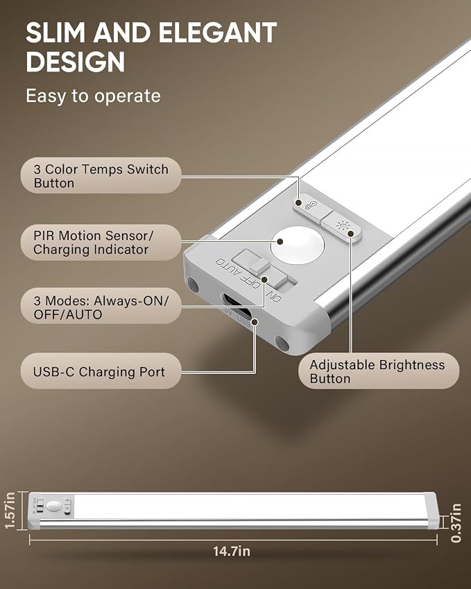 MCGOR 5 Pack 14.7inch Under Cabinet Lighting, Rechargeable Motion Sensor Light Indoor with 3 Color Temps, Dimmable Magnetic Led Closet Lights, Wireless Under Counter Lights for Kitchen, Stairs
