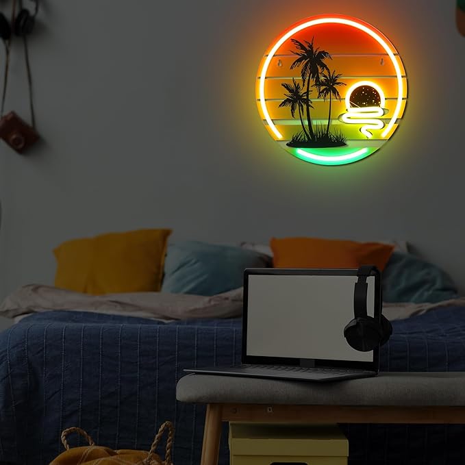 Tropical Neon Sign 11.8 Inch Palm Tree Sunset Neon Light for Wall Decor Colorful LED Light up Bar Signs for Bedroom Bar Beach Theme Restaurant Party Decor Gift
