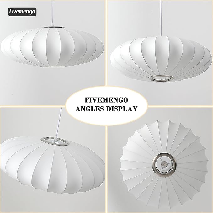 23.6in Plug in Lantern Pendant Light, Large White Imitation Silk Pendant Light Wabi Sabi Saucer Japanese Bubble Hanging Lamp Chandelier for Living Dinning Room Kitchen Island Bedroom 1 Pack