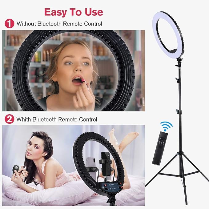 18 inch LED Ring Light with Tripod Stand Dimmable Makeup Selfie Ring Light for Studio Portrait YouTube Vlog Video Shooting with Carrying Bag and Remote Controller, CRI 90