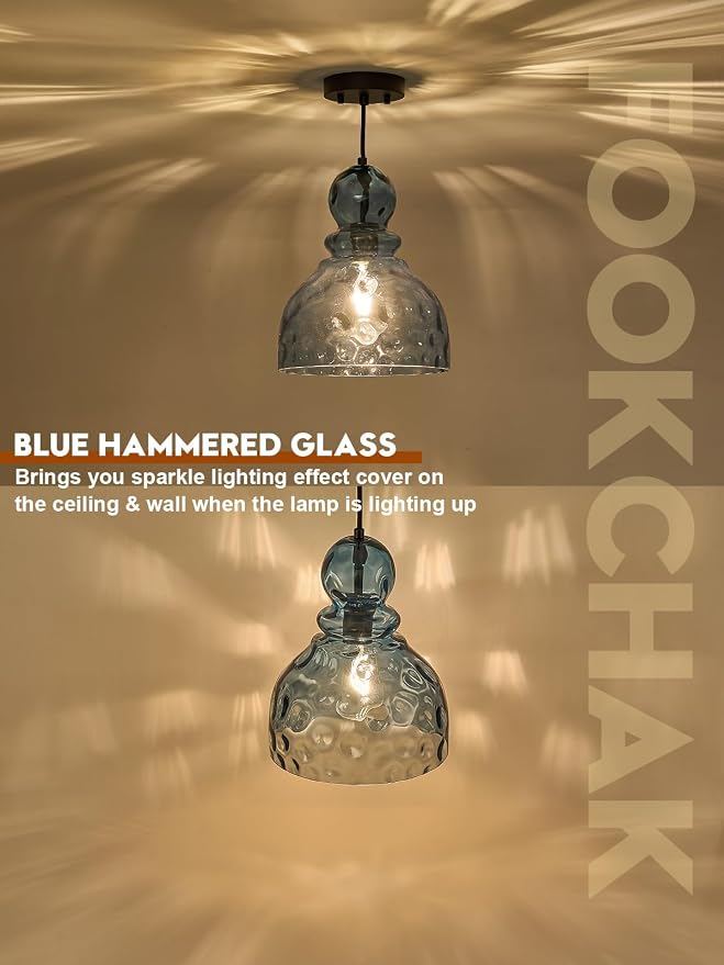 Coastal Pendant Light Blue Hammered Glass Kitchen Island Lights 10in Large Pendant Hanging Light for Dining Room Kitchen Sink Hallway Entrance, E26