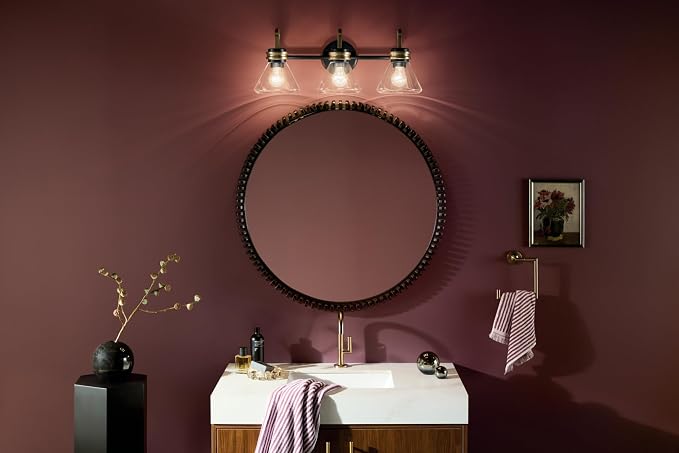 Kichler Farum 3-Light Bathroom Vanity Light, Black | Modern vanity light with clear glass for single or double bathroom mirrors (26" x 9.5" x 9.5"), 55155BKCLR