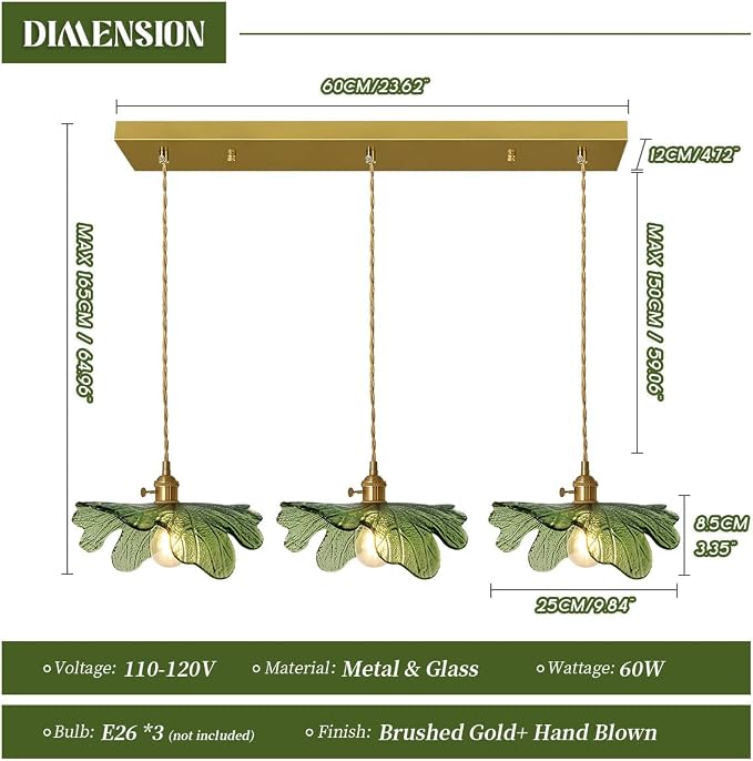 Glass Chandelier for Dining Room Vintage Chandelier Lighting 3-Light Hand Blown Gold Mid Century Modern Pendant Light with Green Glass Shade for Kitchen Island Bedroom Living Room