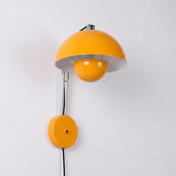 Mid-Century Modern Bud Plug in Wall Sconces for Bedroom, Melon Yellow | Indirect lighting reading wall lamp, all-metal construction, plug-in or hardwired install, fits bedroom bedside, living room