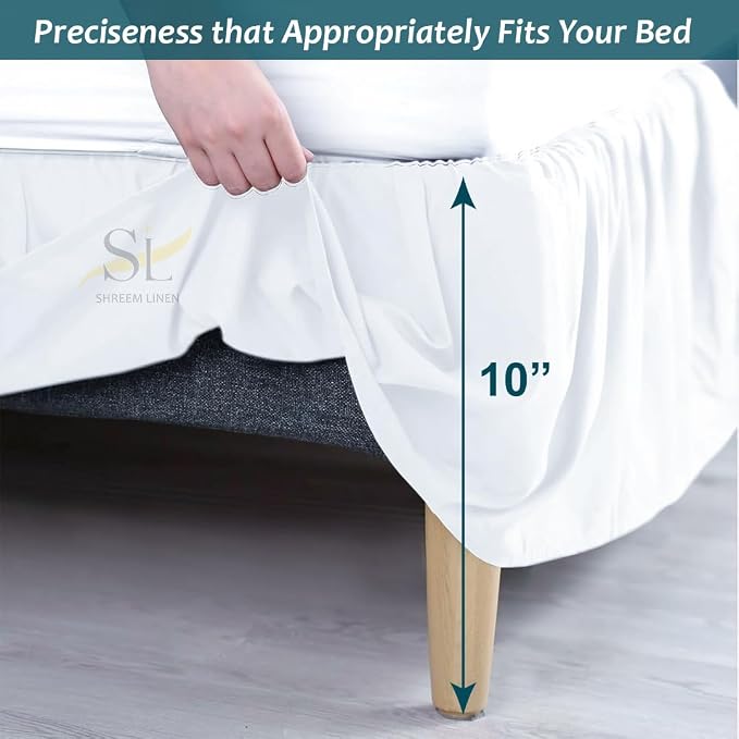 Shreem Linen Ruffled Bed Skirt with Split Corners, Gathered Style, 100% Microfiber, 10-Inch Drop, Dust Ruffle Bedskirt with Platform, Queen, White