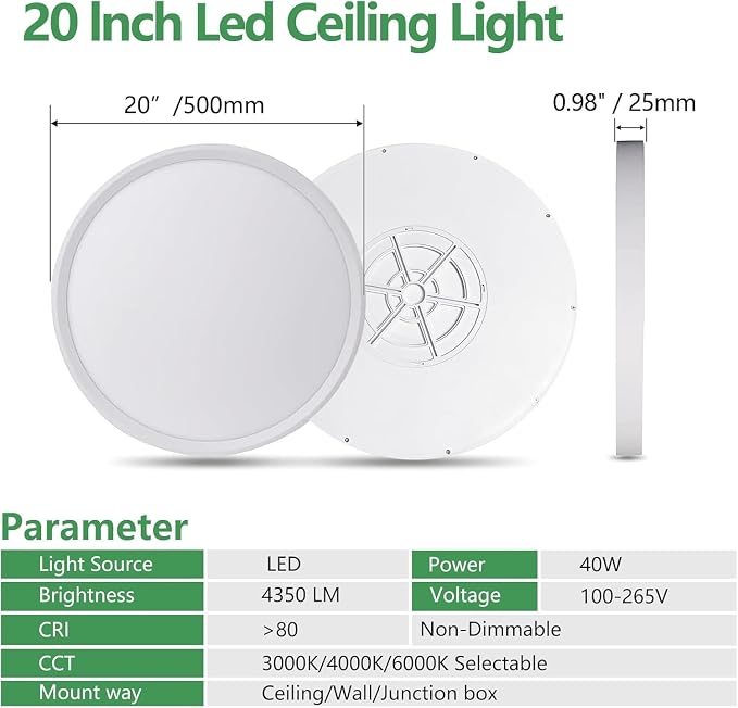 20 Inch Large LED Flush Mount Ceiling Light, 40W, 4350LM, 3000K/4000K/6000K CCT Selectable, Black Round Flat Panel Light, Fits for Hallway, Kitchen, Bedroom, Laundry Room(6-Pack)