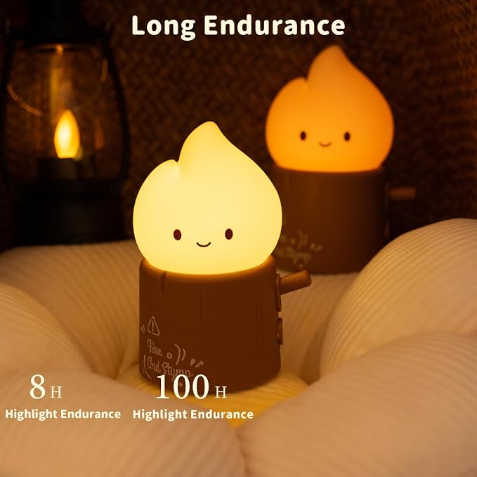 Led Cute Stump Fire Night Light, Dimmable Nursery Kawaii Lamps, Super Squishy Silicone USB Rechargeable Timer Night Lamp for Kids Adults, Used for Camping Party Room Decor (Stump Fire)