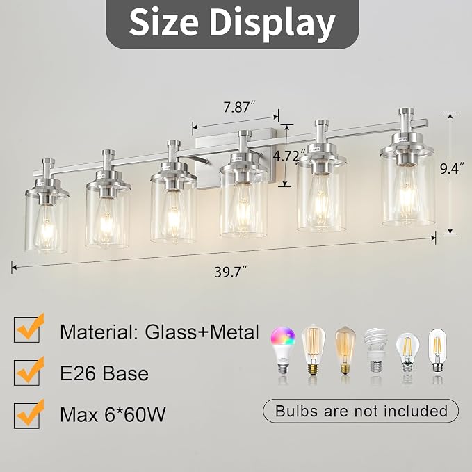 6-Light Bathroom Vanity Light, Brushed Nickel Fixtures Over Mirror, Wall Mount with Clear Glass Shade, Modern Wall Sconce