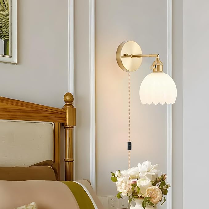 Plug in Wall Sconces Set of 2, Vintage Wall Sconce Light with Tulip Milk White Glass Lampshade, Bedroom Wall Sconce with Switch and Plug in wall lamp Cord, Gold Wall Light Wall Decor Set of 2