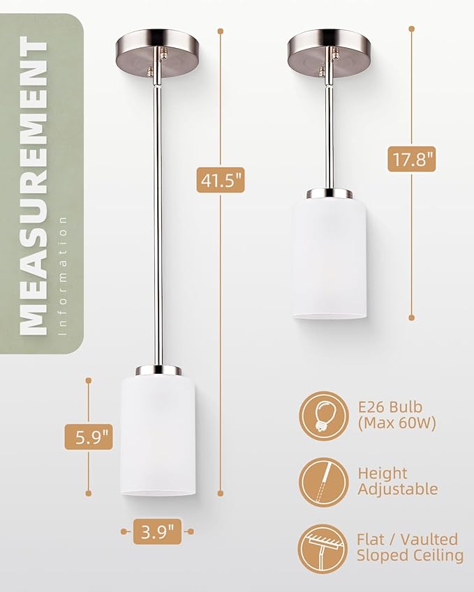 3 Pack Mini Pendant Light, Brushed Nickel Hanging Ceiling Lights with White Frosted Glass Shade, Modern Adjustable Lights for Kitchen Island Bedroom Hallway