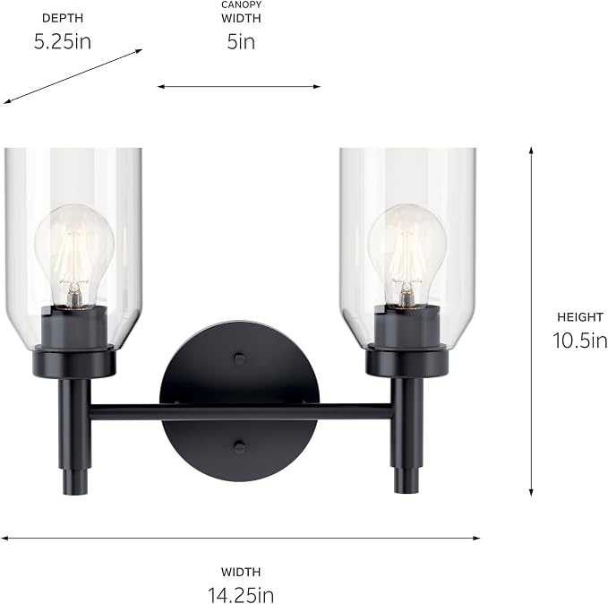 Kichler Madden 2-Light Bathroom Vanity Light, Black | Modern vanity light with clear glass for single or double bathroom mirrors (14.25" x 10.5"), 55184BK