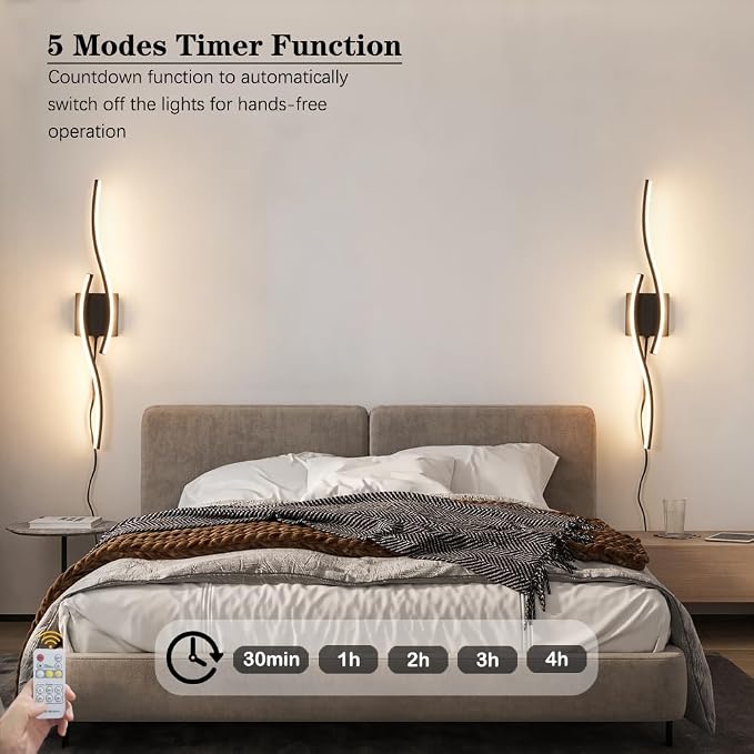 Plug in Wall Sconces Set of 2, Modern Plug in Sconce with Remote, Dimmable LED Wall Light, Wall Lamps with Plug in Cord for TV Wall Sconces, Black Sconce Lighting for Living Room, Hallway, Bedroom